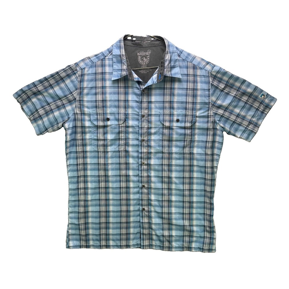 Kuhl Eluxur Short Sleeve Shirt Mens Large Blue Plaid Button Up Hiking Outdoors